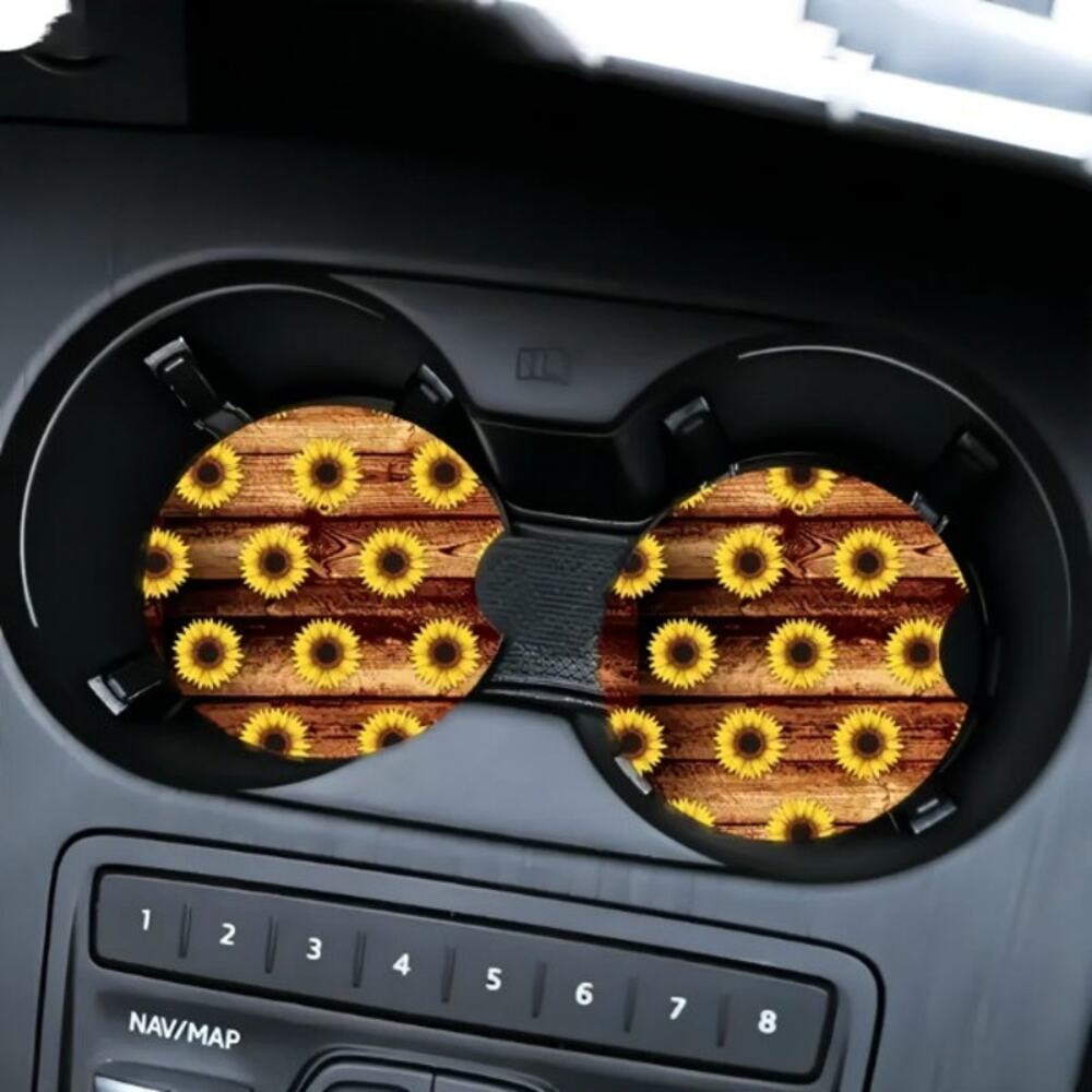 Barnwood & Sunflower Print Car Coasters‎ - 2Pcs Heat Insulation Non-Slip Mats!